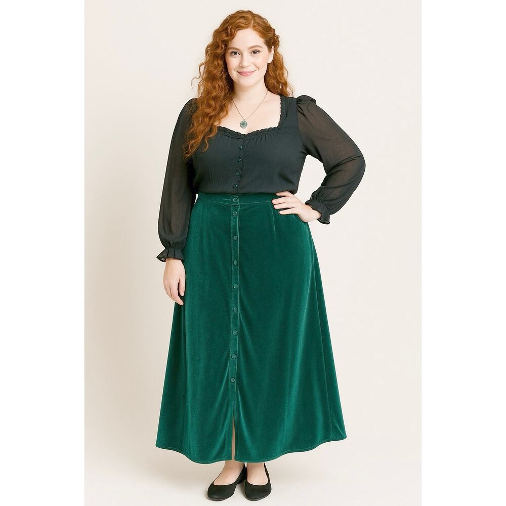 Throne & fable Emerald green velvet button down maxi midi skirt small witchy
